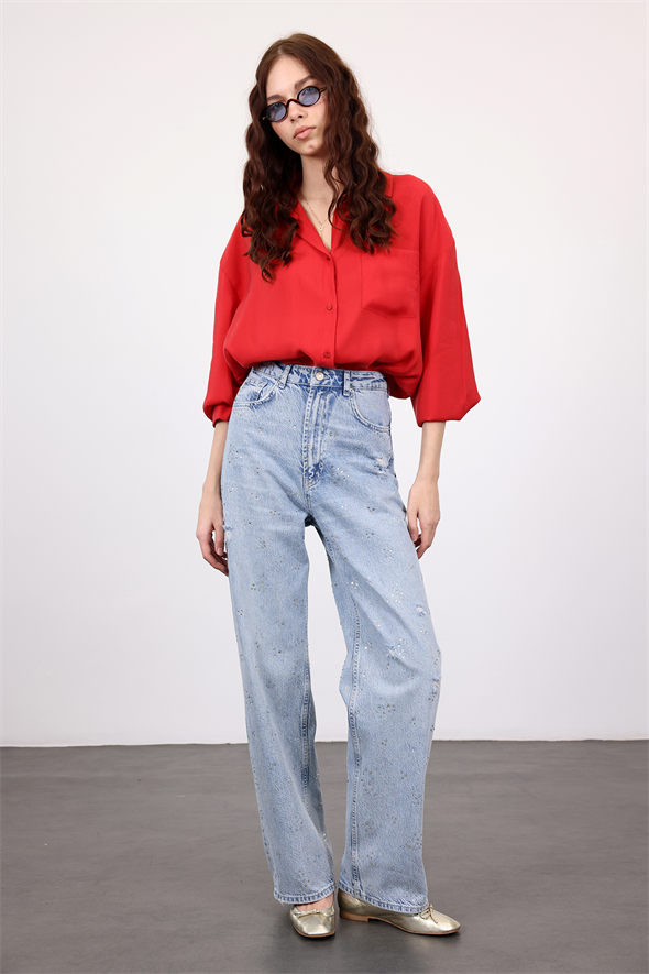 Açık Mavi Taşlı Wide Leg Jean 8188