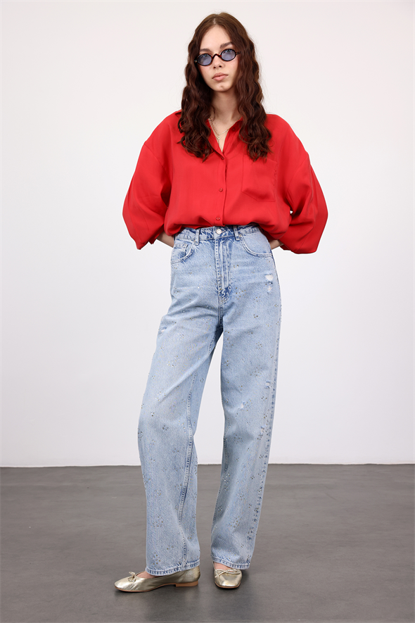 Açık Mavi Taşlı Wide Leg Jean 8188