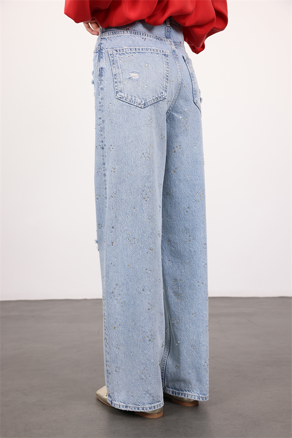 Açık Mavi Taşlı Wide Leg Jean 8188