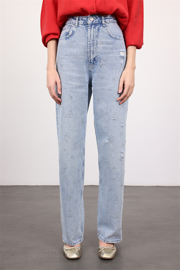 Açık Mavi Taşlı Wide Leg Jean 8188