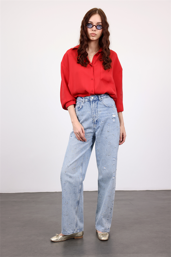 Açık Mavi Taşlı Wide Leg Jean 8188