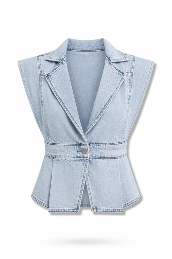 Açık Mavi Tek Düğmeli Denim Yelek 4017