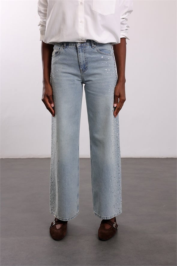 Açık Mavi Yanları Taşlı Wide Leg Jean 19119