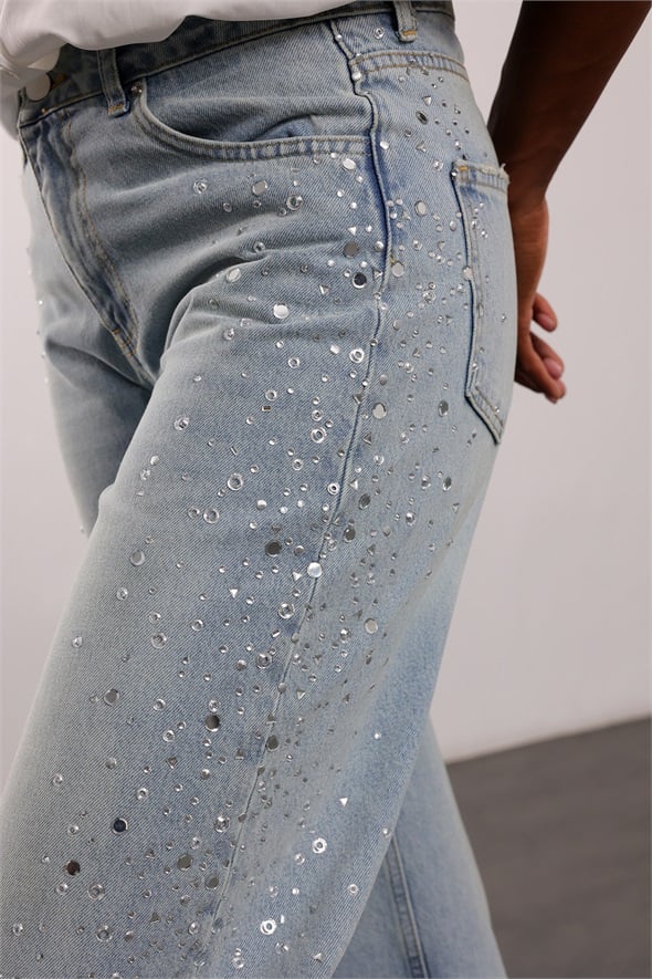 Açık Mavi Yanları Taşlı Wide Leg Jean 19119