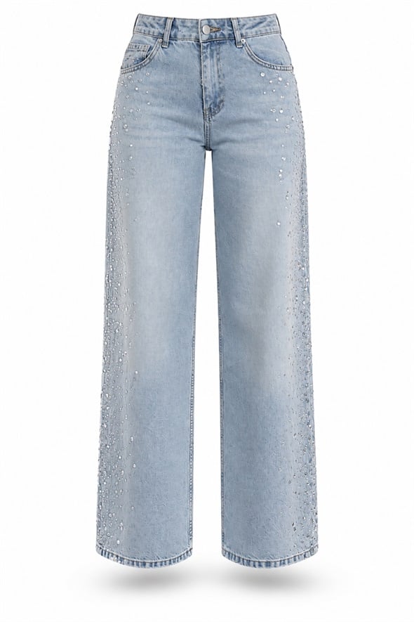 Açık Mavi Yanları Taşlı Wide Leg Jean 19119