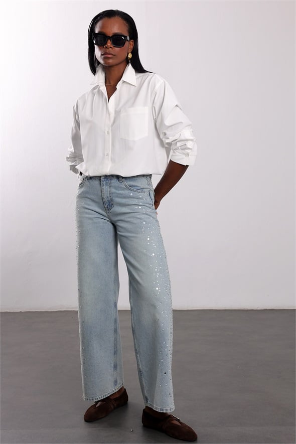 Açık Mavi Yanları Taşlı Wide Leg Jean 19119