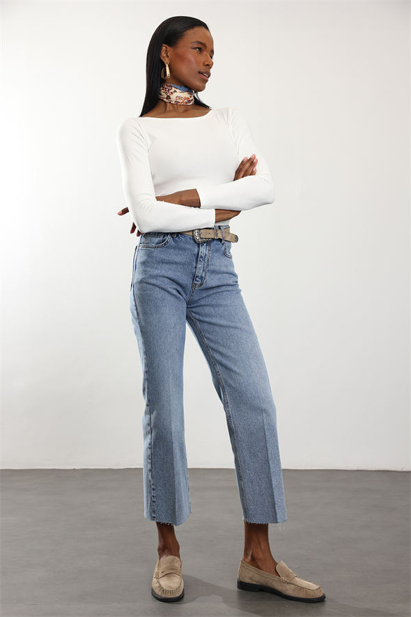 Açık Mavi Yüksek Bel Mini Flare Jean 2005
