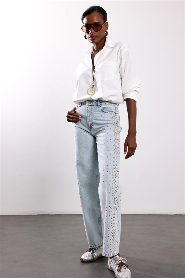 Açık Mavi Zımbalı Straight Fit Jean 8432