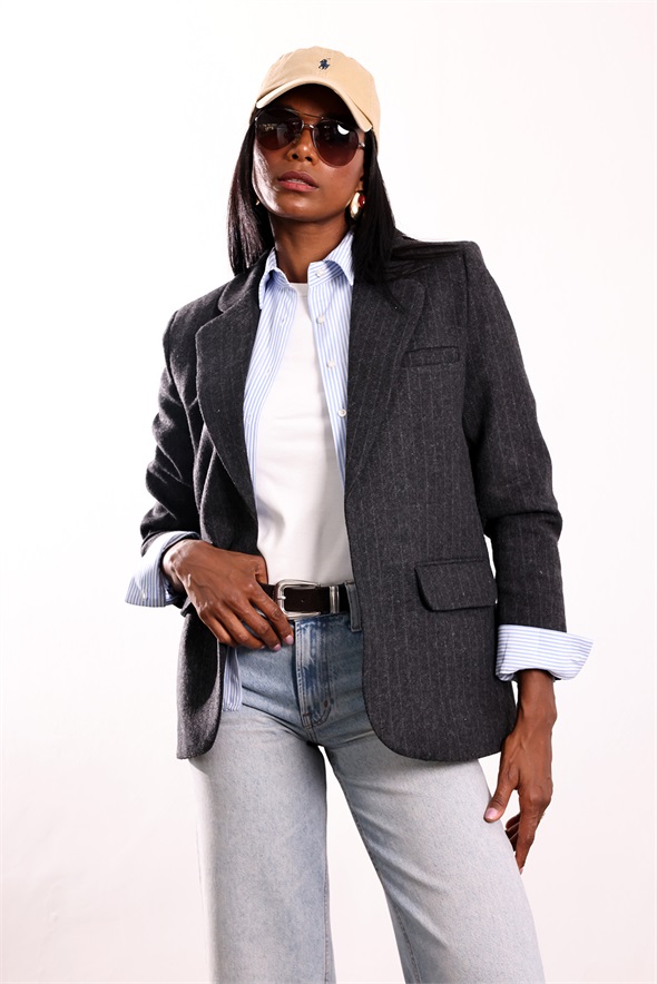 Antrasit Kemerli Yün Karışımlı  Blazer Ceket 9634