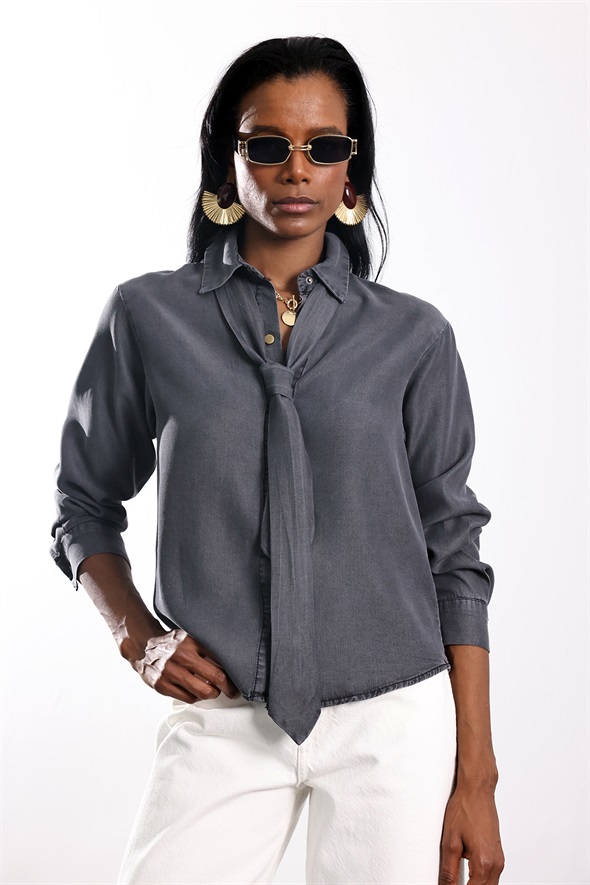 Antrasit Kuşaklı Denim Gömlek 