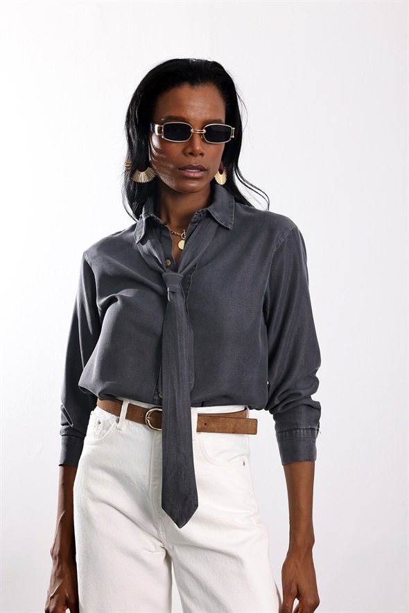 Antrasit Kuşaklı Denim Gömlek 