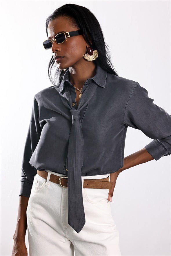 Antrasit Kuşaklı Denim Gömlek 