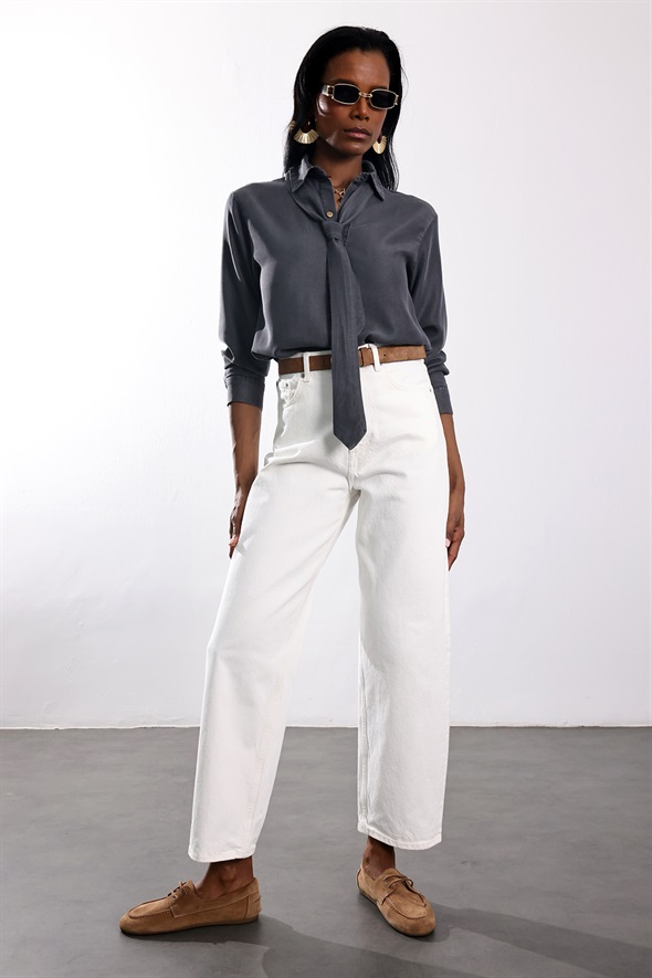 Antrasit Kuşaklı Denim Gömlek 