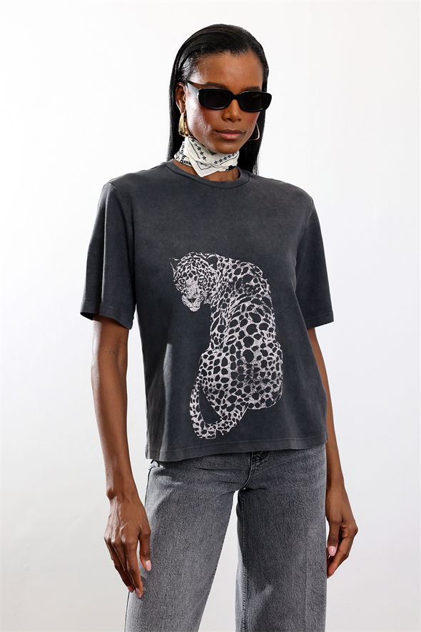 Antrasit Leopar Baskılı Tshirt 18111
