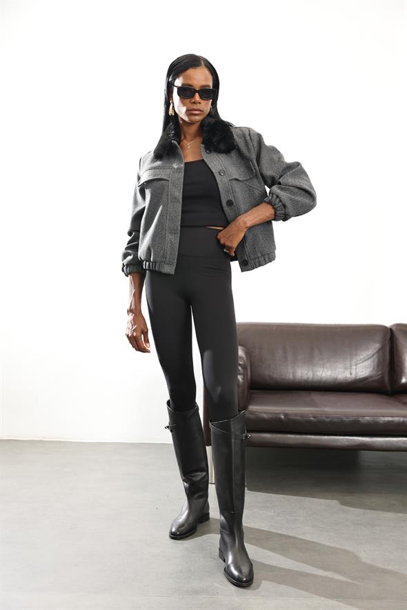 Antrasit Yakası Kürklü Bomber Ceket D99709