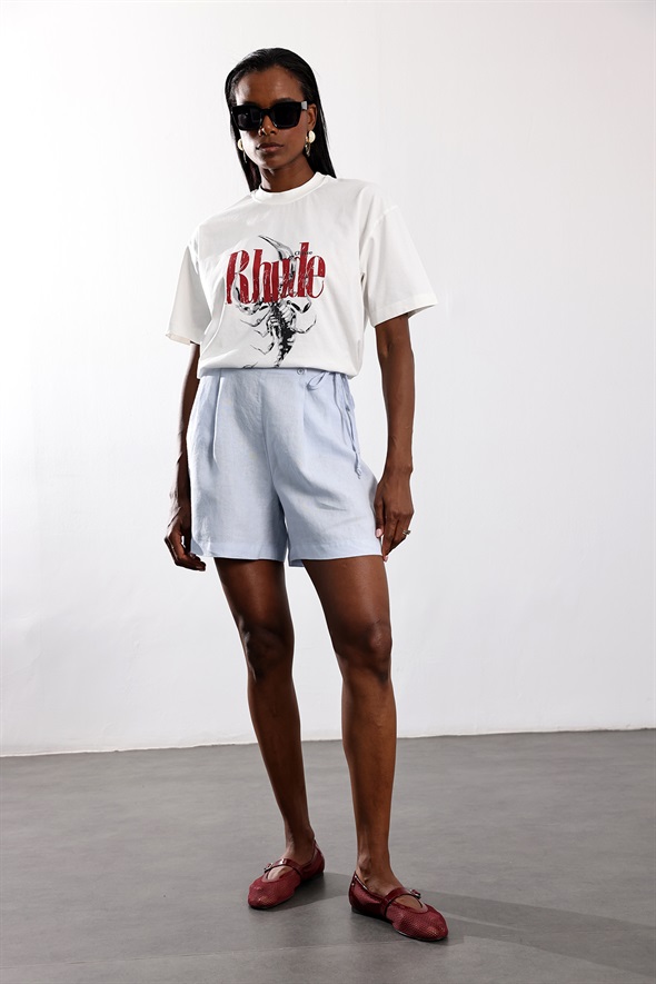 Bebe Mavi Pileli Keten Şort 17532