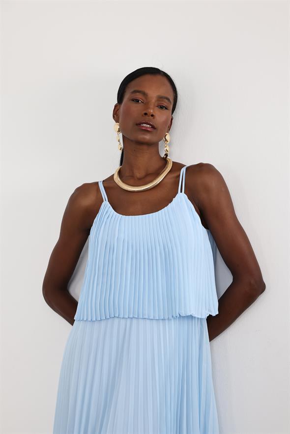 Bebe Mavi Piliseli Şifon Elbise 00778