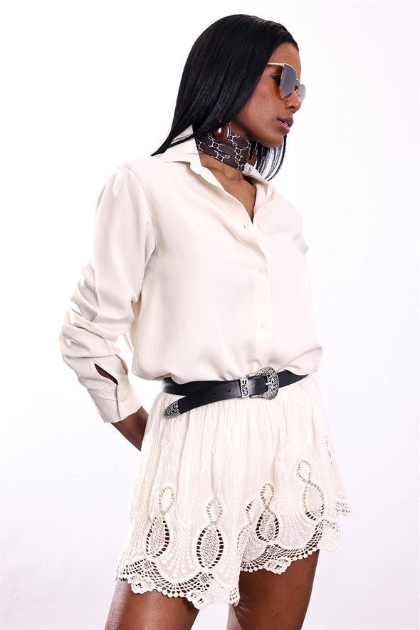 Bej %100 Lyocell Relax Fit Gömlek 25Y118