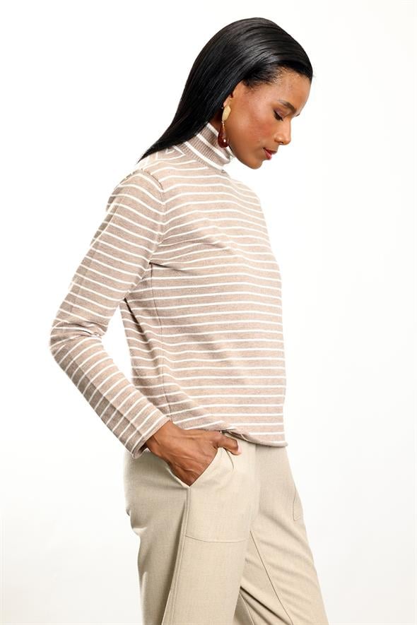 Bej Balıkçı Yaka Çizgili Triko 261002