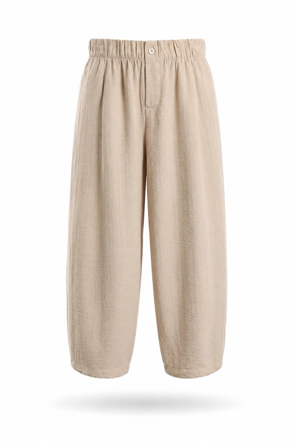 Bej Beli Lastikli Bol Paça Pantolon 