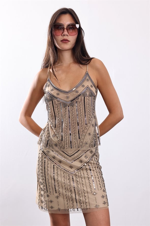 Bej Boncuk İşlemeli Bluz 071836