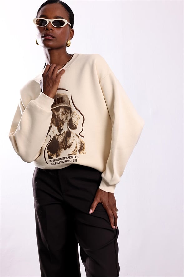 Bej Chill Baskılı Oversize Sweatshirt 02522