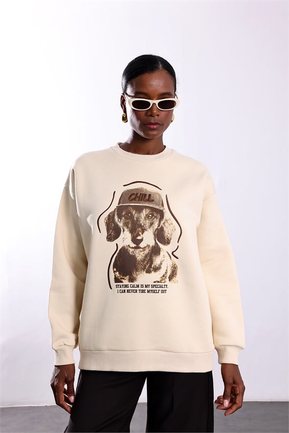Bej Chill Baskılı Oversize Sweatshirt 02522