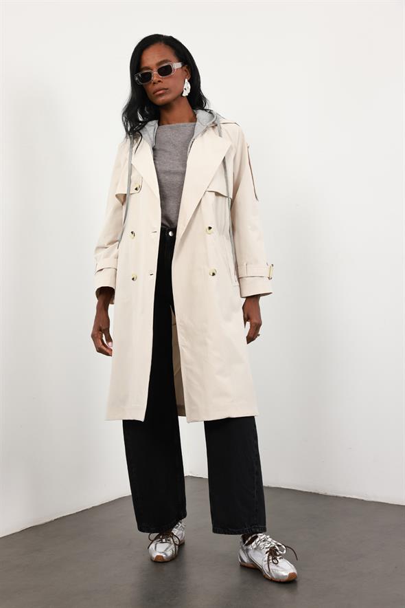 Bej Çıkarılabilir Kapüşonlu Trençkot 87109