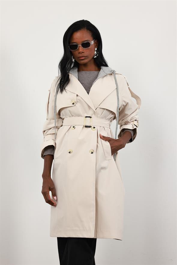 Bej Çıkarılabilir Kapüşonlu Trençkot 87109