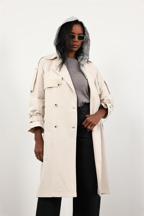 Bej Çıkarılabilir Kapüşonlu Trençkot 87109