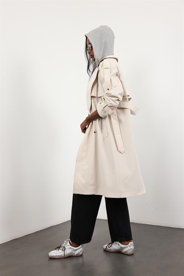 Bej Çıkarılabilir Kapüşonlu Trençkot 87109