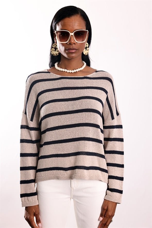 Bej Çizgili Merserize Triko 261043