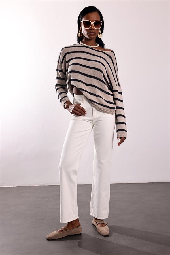 Bej Çizgili Merserize Triko 261043