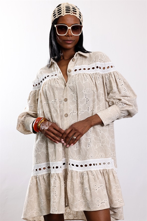 Bej Country Lino Elbise 