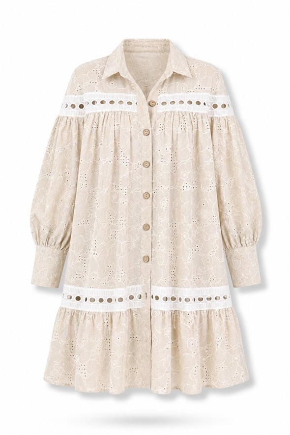 Bej Country Lino Elbise 