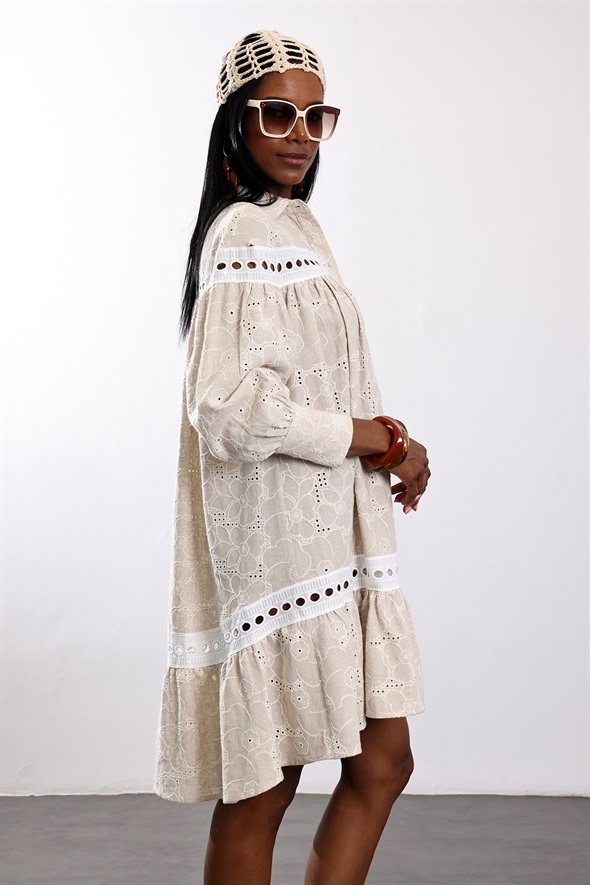 Bej Country Lino Elbise 