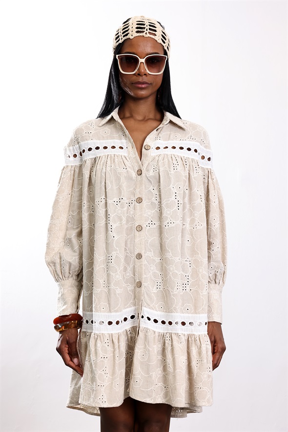 Bej Country Lino Elbise 