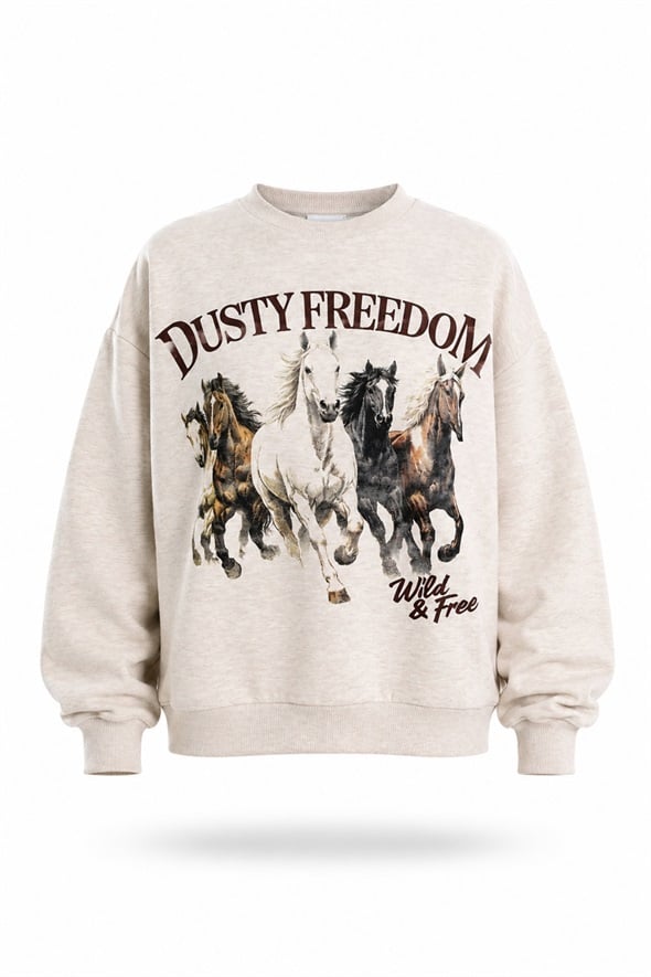 Bej Dusty Freedom Baskılı Sweatshirt 02764