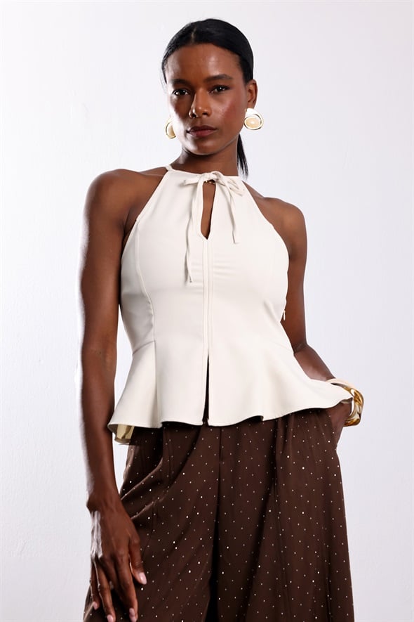 Bej Halter Yaka Peplum Bluz 17767