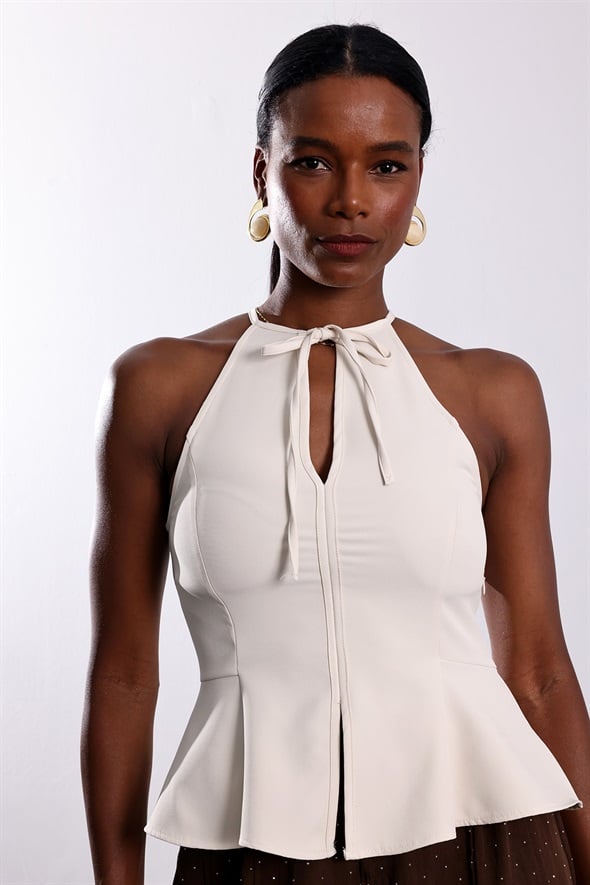 Bej Halter Yaka Peplum Bluz 17767