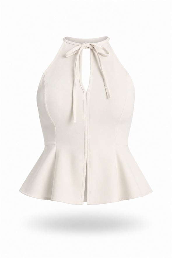 Bej Halter Yaka Peplum Bluz 17767