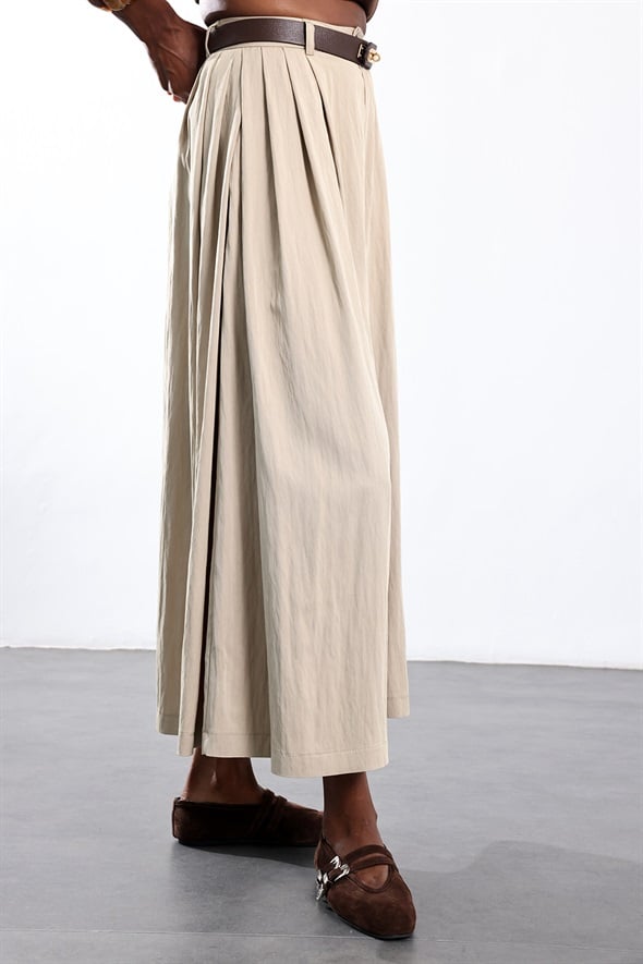 Bej Kemerli Pileli Pantolon 51419