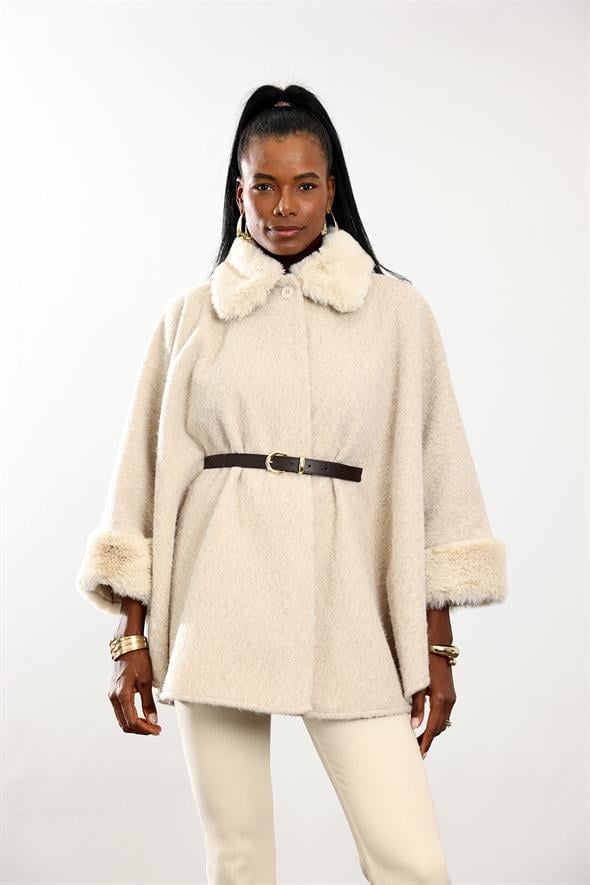 Bej Kürklü Kemerli Buklet Panço D99844