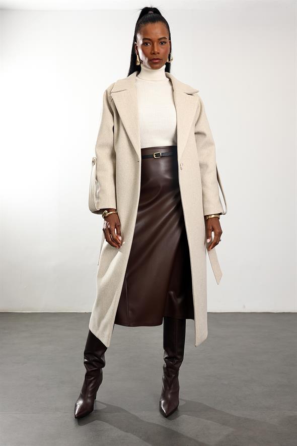 Bej Kuşaklı Kaşe Palto 1146