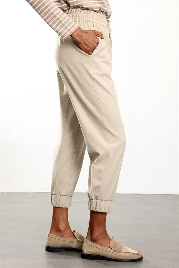 Bej Lastikli Paça Joggıng Pantolon 