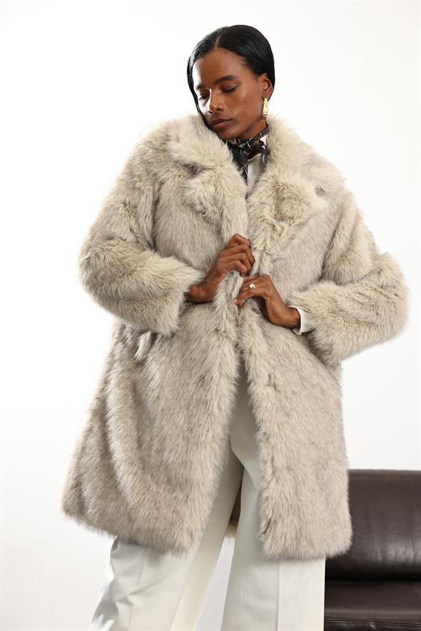 Bej Midi Boy Şal Yaka Kürk D99773