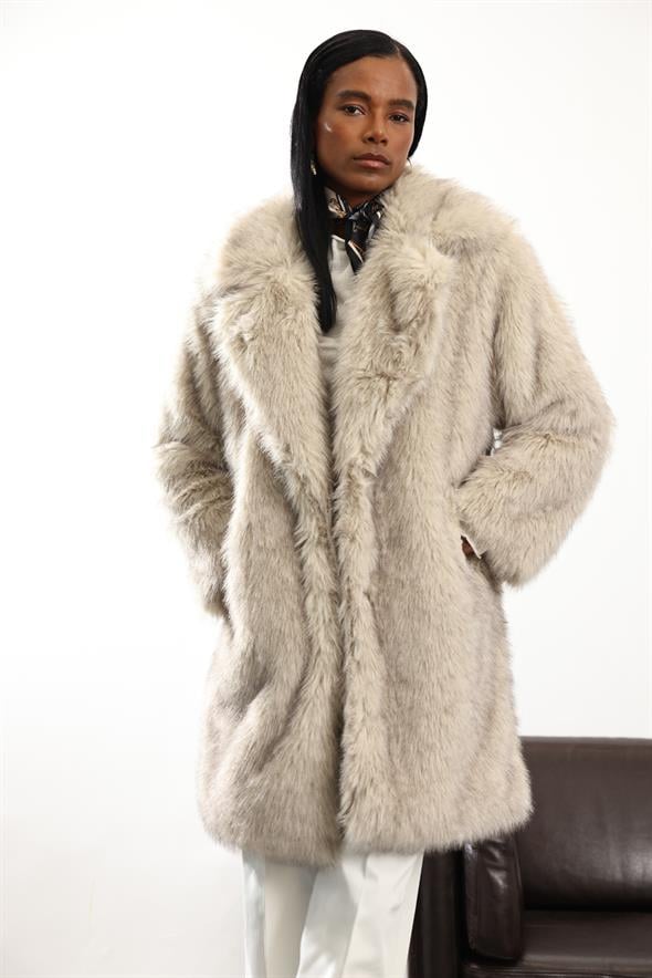 Bej Midi Boy Şal Yaka Kürk D99773