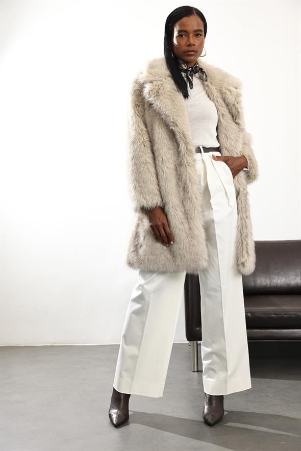 Bej Midi Boy Şal Yaka Kürk D99773