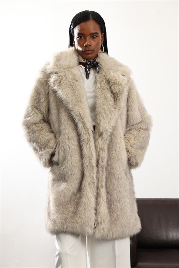 Bej Midi Boy Şal Yaka Kürk D99773