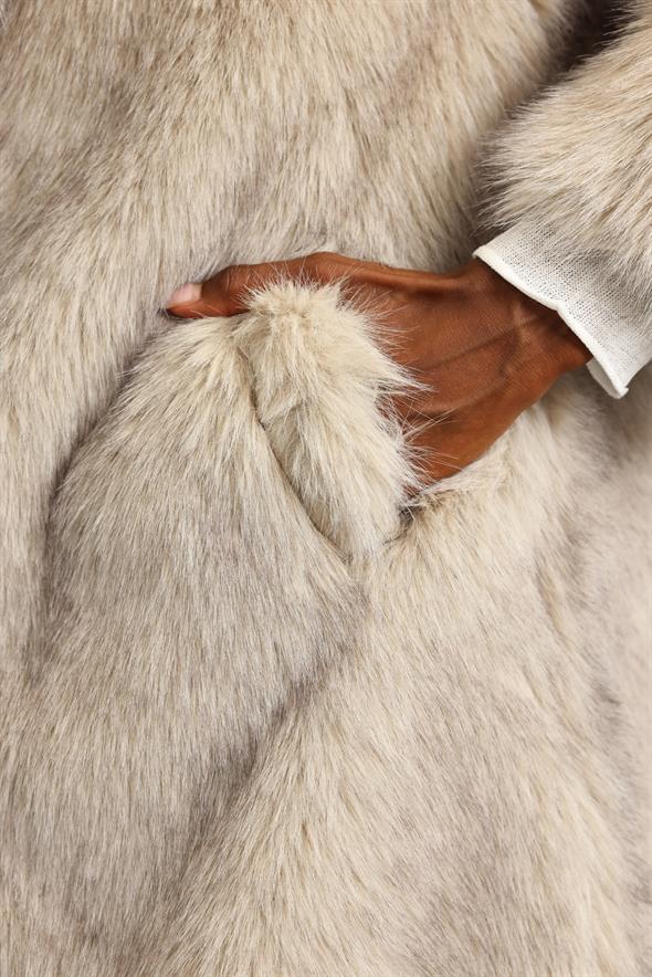 Bej Midi Boy Şal Yaka Kürk D99773